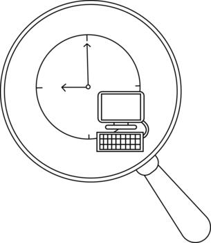 A magnifying glass reveals a clock with a computer and keyboard inside drawn in simple lines vector