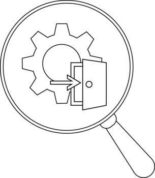Magnifying glass showing a gear behind an open door with arrow going into it vector