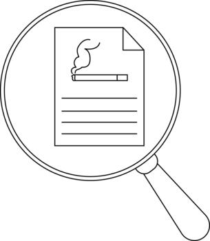 Magnifying glass reveals a document with a cigarette on top showing lines of text vector