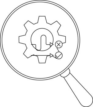 Magnifying glass over a cogwheel with an arrow cycle X and check mark vector