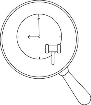 Magnifying glass revealing a clock face with a gavel inside vector