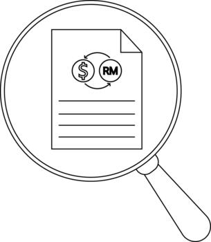 Currency exchange document viewed under magnifying glass with RM currency on the document vector