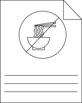A prohibition sign shows a bowl of noodles with chopsticks crossed out on a document with lines for text vector