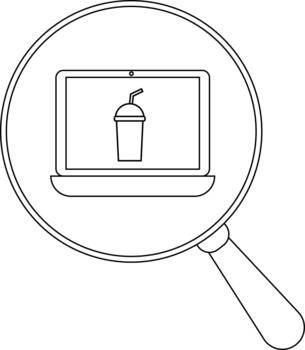 A laptop displaying a beverage with a straw viewed through a magnifying glass vector