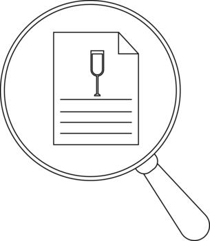 A magnifying glass reveals a document with a wine glass icon and lines of text vector