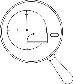 Magnifying glass showing clock face with cleaver intersecting it pointers set to nine and twelve vector