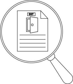 An exit sign on a paper viewed through a magnifying glass vector