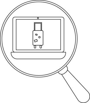 un ordenador portátil mostrando un maleta es visto mediante un aumentador vaso vector