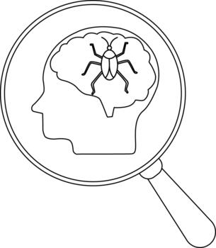 Line drawing head profile brain with bug inside a magnifying glass vector