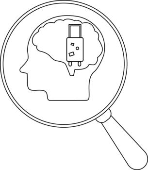 A magnifying glass focusing on a head profile with a brain containing a suitcase vector