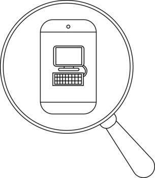 Magnifying glass focusing on a smartphone displaying a desktop computer image vector
