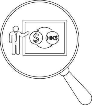 Magnifying glass view of a presenter and board displaying dollarHKD exchange with curved arrows vector