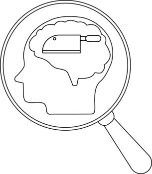 Silhouette of a head with a brain cleaved by a cleaver all within a magnifying glass vector