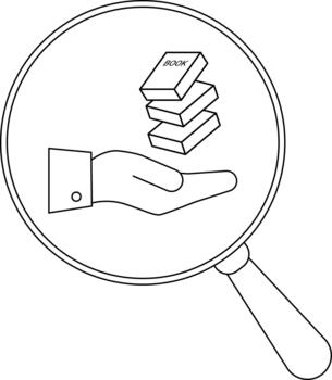 A hand appears to hold a stack of books all under a magnifying glass vector