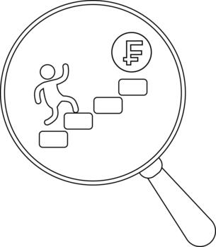 Magnifying glass shows a person climbing steps toward a coin with a vertical line intersecting it vector