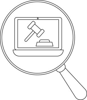 A magnifying glass focuses on a laptop displaying a gavel and stand vector