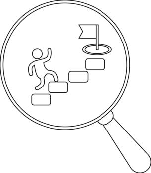 A magnifying glass focuses on a stick figure climbing steps towards a flag in a circle vector