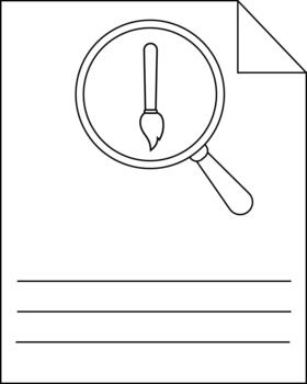 Black and white line art shows a document with a folded corner a magnifying glass a paintbrush and three horizontal lines vector