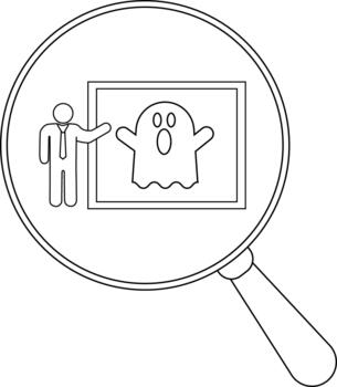 Magnifying glass focuses on a presenter pointing to a framed ghost drawing vector