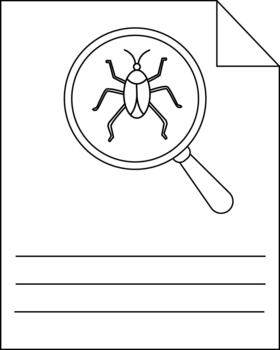 A bug is viewed through a magnifying glass which is placed on top of a page with lines vector