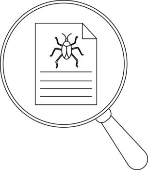 A magnifying glass focuses on a document with a bug illustration and lines vector