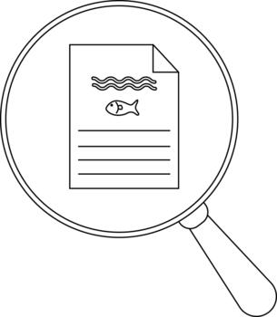 Magnifying glass focuses on a document with lines a fish and wavy lines vector