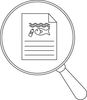 A magnifying glass focuses on a document with a fish plastic bottle waves and lines hinting at an ocean pollution report vector