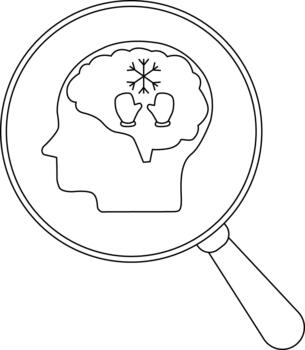 Outline image magnifying glass focuses on head containing brain snowflake mittens vector
