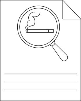 A paper features a magnifying glass over a cigarette lines below for writing and a folded corner vector