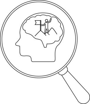 cabeza en perfil con un cerebro conteniendo un figura en un montaña debajo un aumentador vaso vector