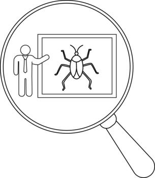 Magnifying glass showing a presentation about a bug on a screen with a stick figure presenter vector