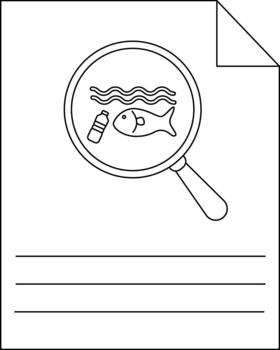 A drawing sheet with a magnifying glass fish water plastic bottle image Lined space for noteswriting vector
