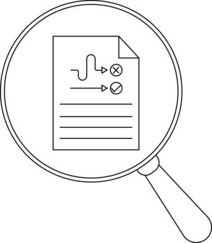 Magnifying glass focusing on a document outlining a process with both accepted and rejected paths vector