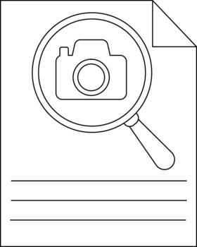 un documento caracteristicas un aumentador vaso destacando un cámara icono encima Tres líneas vector