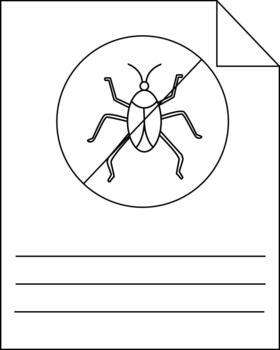 A drawing depicts a bug inside a circle with a line through it on a paper with lines below and a folded corner vector