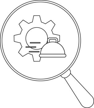 A magnifying glass reveals a gear a domeshaped dish and three horizontal lines within its view vector