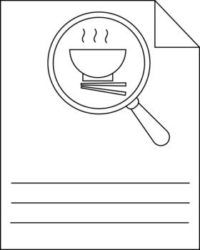 A sheet of paper with a magnifying glass showing food and lines for text vector