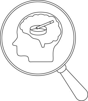 Magnifying glass focuses on a brain containing an ashtray with a cigarette vector