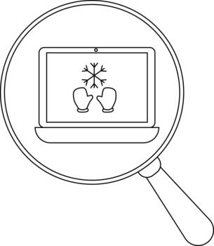 un ordenador portátil con un copo de nieve y mitones en el pantalla visto mediante un aumentador vaso vector