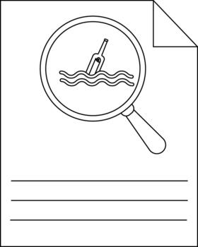A magnifying glass shows a bottle with a rolled paper floating on waves against a white page with three lines vector