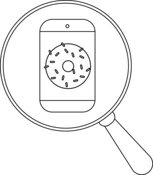 un móvil teléfono con un rosquilla en pantalla visto mediante un aumentador vaso vector