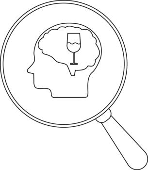 A brain with a wine glass inside viewed through a magnifying glass vector