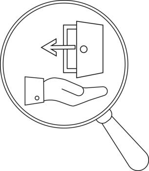 Exit door over a hand in a magnifying glass outlines only vector