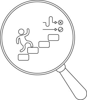 Magnifying glass view of a figure climbing steps toward paths marked with X and check symbols vector
