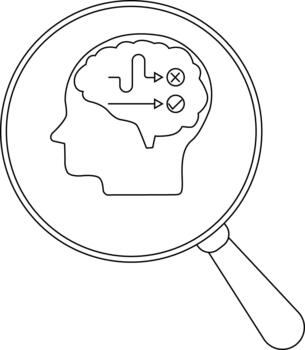 A magnifying glass focuses on a brain with decision pathways marked by an X and a checkmark vector