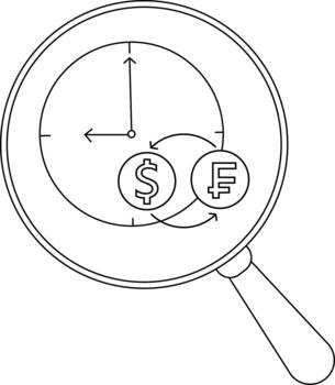 A magnifying glass focuses on a clock with dollar and franc symbols and curved exchange arrows vector
