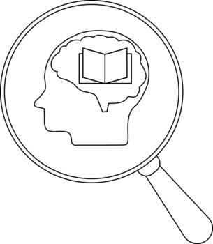 un aumentador vaso se enfoca en un cabeza silueta con un cerebro conteniendo un abierto libro vector