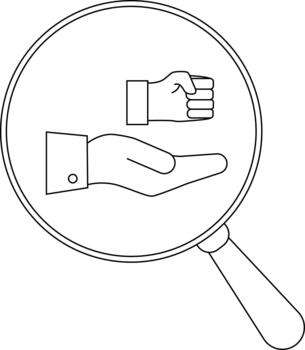 A magnifying glass focuses on two hands one open and the other clenched into a fist vector