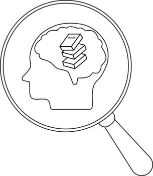 un aumentador vaso magnifica un cabeza con un cerebro dentro el cerebro contiene un apilar de libros vector