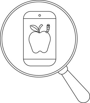 A magnifying glass focuses on a phone screen displaying an apple with a worm vector